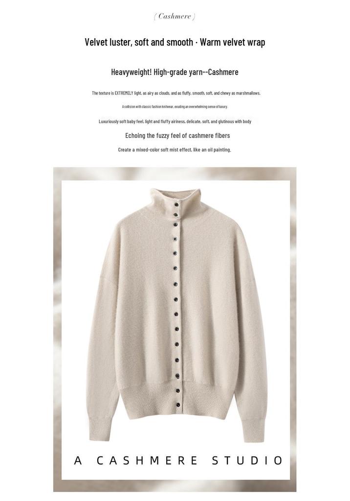 Women's High Neck Cashmere Cardigan - Autumn/Winter 2025 Gentle Style, Slimming, Short, Multi-Button Design