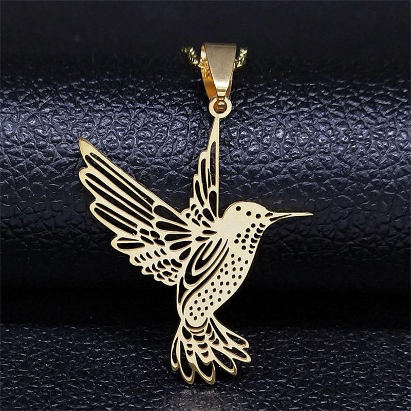 Fashion Simple Hollow Hummingbird Pendant Stainless Steel Sweater Necklace For Women