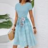 Women's Casual Fashion Belted Floral Print Short Sleeve Round Neck Elegant Dress