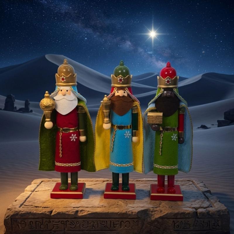 Handmade Wooden Holiday Figurine, Wise Men Nutcrackers Decors for Tabletop, Mantel, and Winter Shelf Display