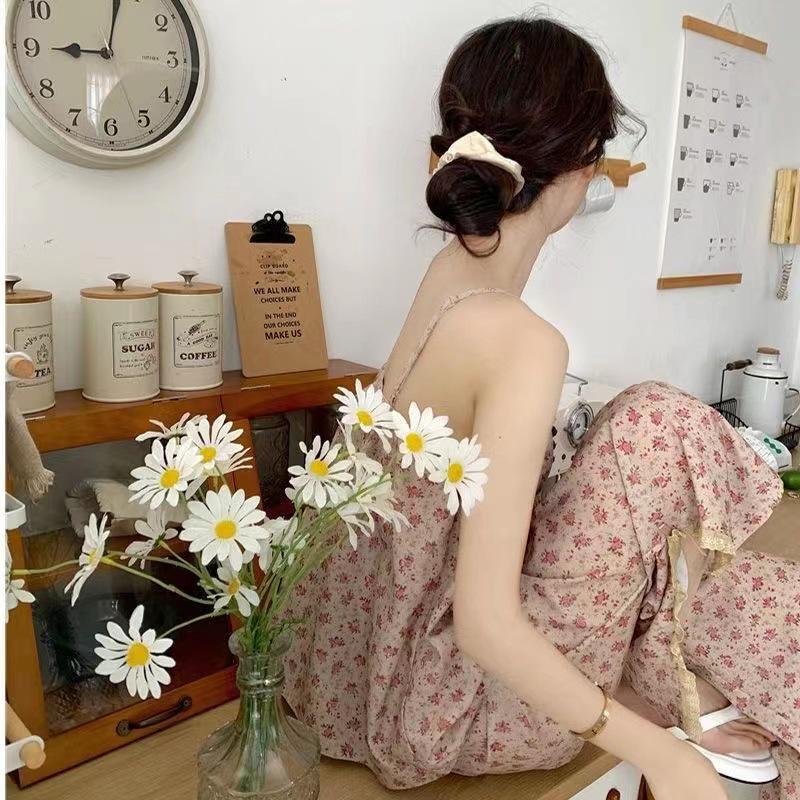 2023 Summer Women's Retro Floral Spaghetti Strap Long Pants Pajamas