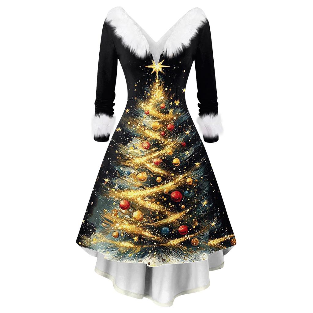 Women's Fashion Elegant Autun And Winter Long Sleeve V-Neck Christmas Print Dress