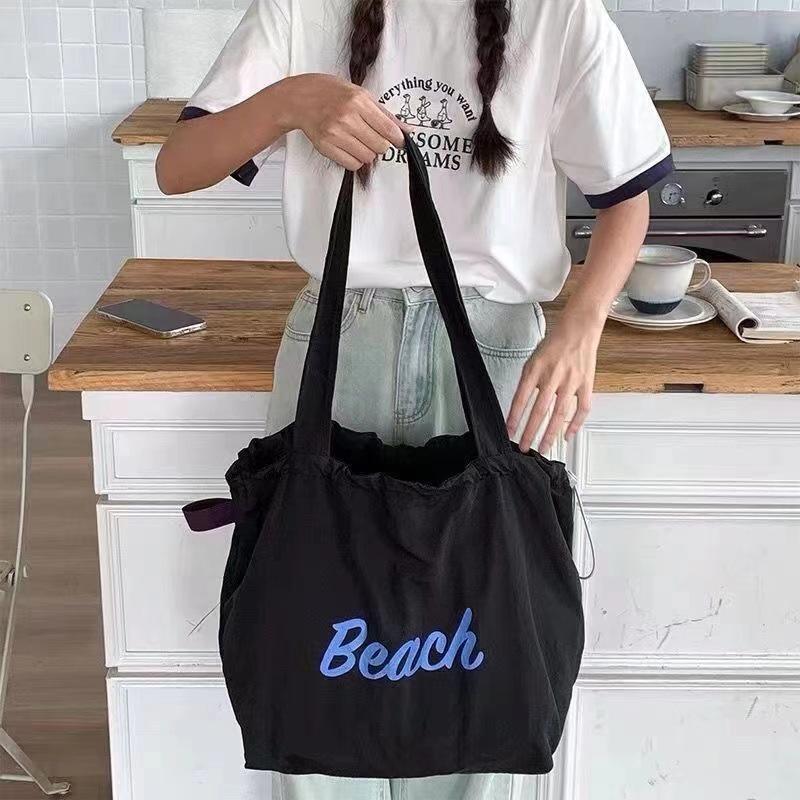 Korean-Style Canvas Tote: 2024 Large-Capacity, Single-Shoulder Drawstring Bag