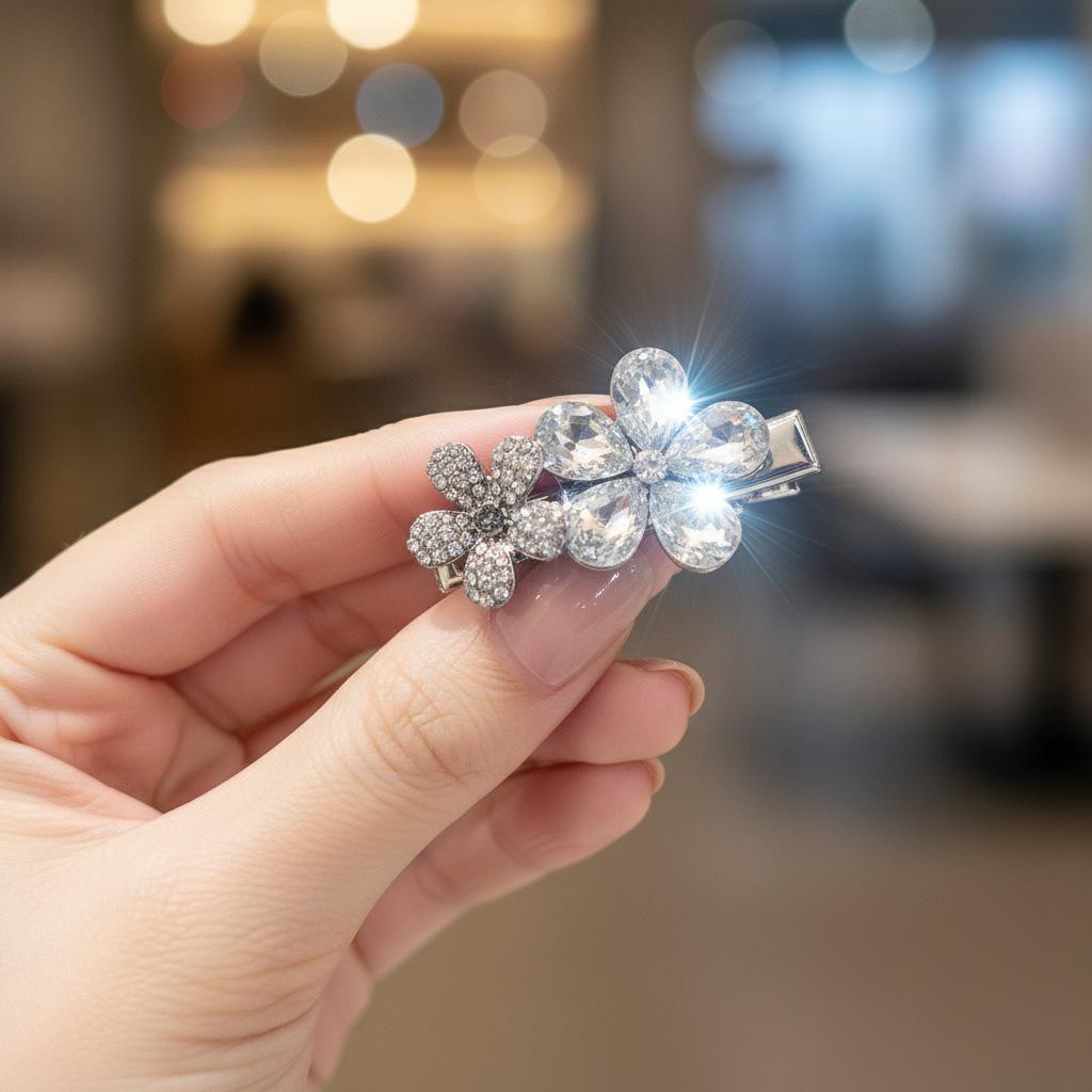 Korean Vintage Crystal Black Rhinestone Flower Hair Clip for Women's Bangs