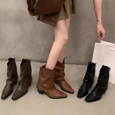 Autumn Winter Women Short Boots Retro Style Western Knight Booties Pointed Toe Square Heels Female Shoes