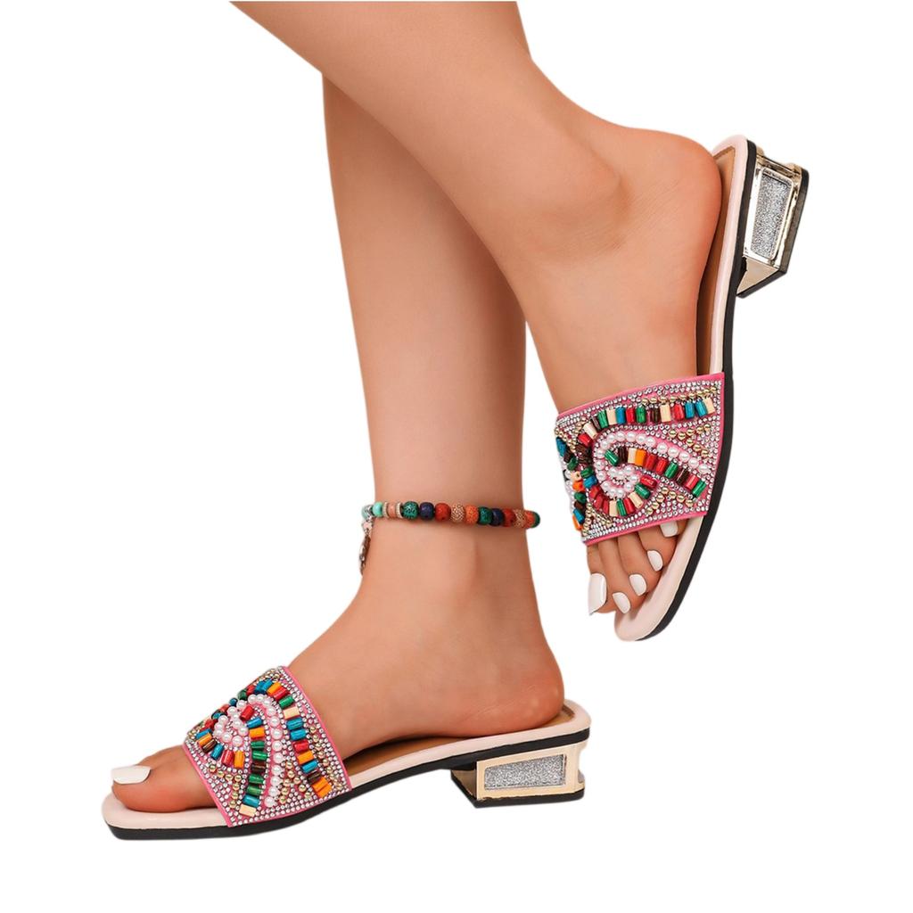 Summer Women Beaded Slide Sandals Open Toe Square Toe Low Block Heel Casual Slip On Shoes with Decorative Beads