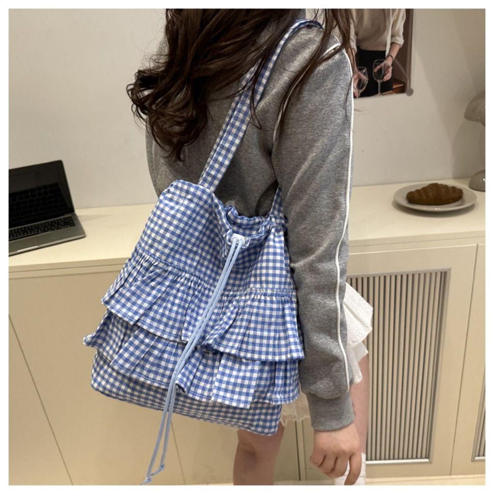Korean Style Lotus Leaf Shoulder Bag Fashion Plaid Tote Bag Vintage Drawstring Bag  Storage Bag