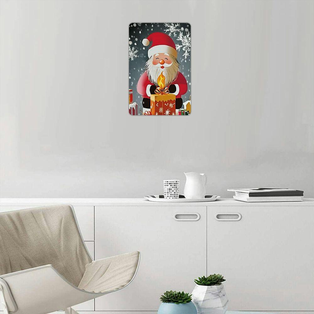 Christmas Metal Tin Sign Wall Decor - Santa Claus with Gift Box and Snowflakes - Festive Holiday Wall Art for Home, Party Decor