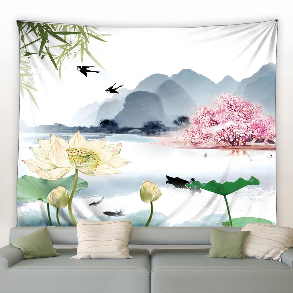 Natural Flower Carp Garden Scenery Wall Hanging Living Room Bedroom Dormitory Decoration Lotus Green Bamboo Zen Tapestry