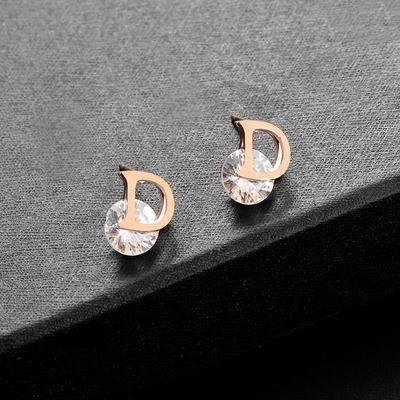 Korean Style Fashion Double Side Letter D Zircon Stud Earrings for Women Light Luxury Stainless Steel Earring Jewelry Female
