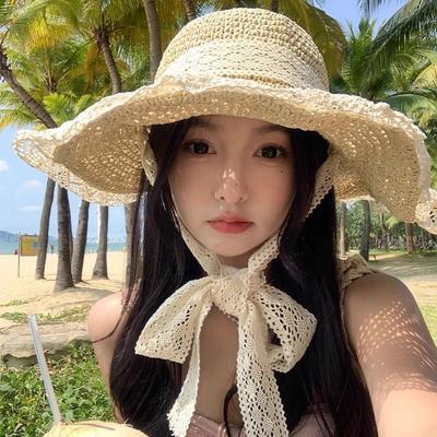 Summer Lace Streamer Straw Hat Women's Seaside Vacation Big Brim Sun Hat Shows Small Face Travel Sun Protection Beach Sun Hat