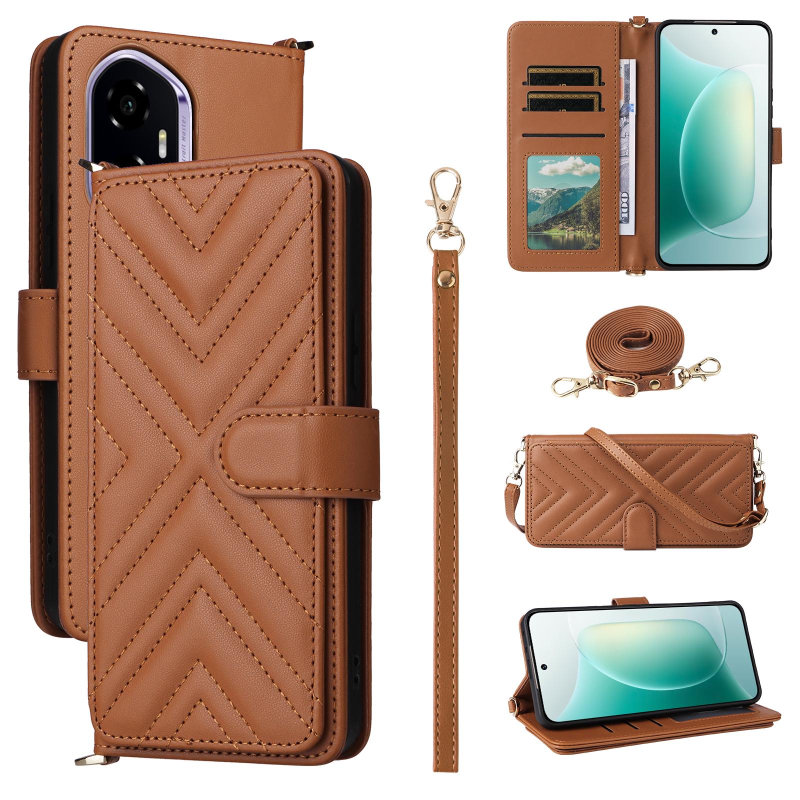 

Чехол-кошелек для Honor 300 с плечевым/кистевым ремешком, кожаный чехол для телефона, подставка Brown