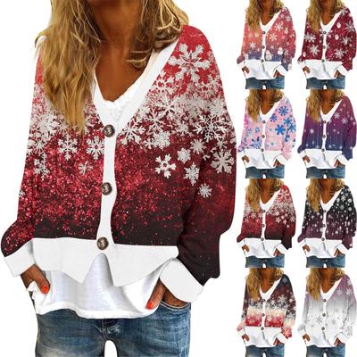 Women's Fashion Short Coat Casual Long Sleeve Christmas Printed Single Breasted Plush Top