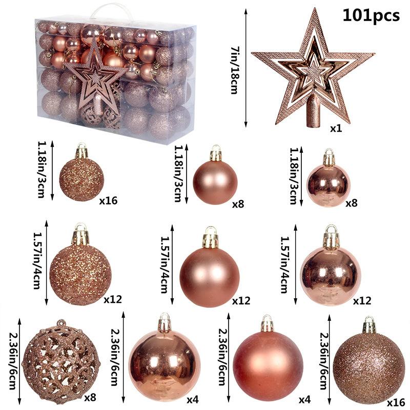 

101-piece durable plastic Christmas balls set, various colors, hanging Christmas tree balls, 3-6 cm, Christmas decoration balls, Other рожевий колір золота