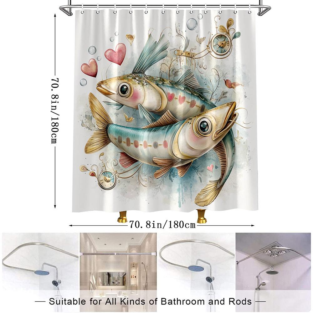 1pc Romantic Fish Shower Curtain - 70.8x70.8 Inch Polyester Fabric with 12 Hooks, Cute Fish & Heart Design, Machine Washable