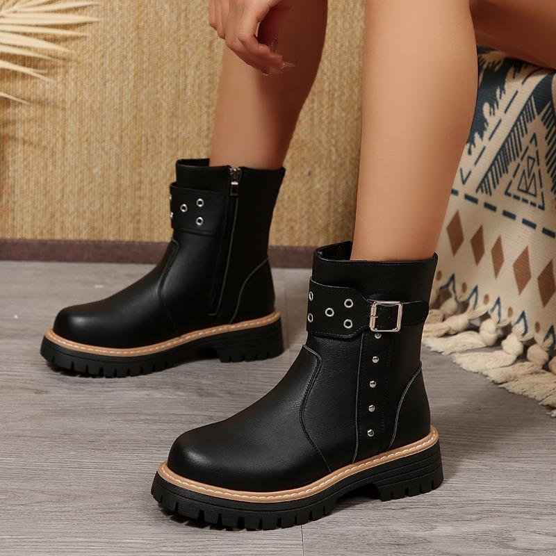 European and American Large-size Leather Boots, Belt Buckle, Medium Tube Martin Boots, Women's Autumn New Rivet Side Zipper Cigarette Tube Boots