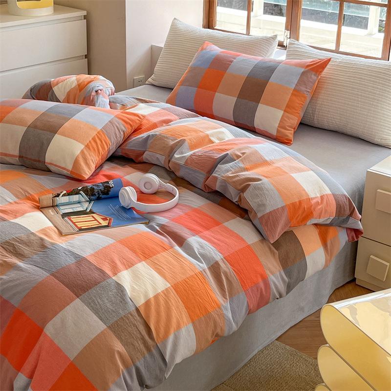 Retro Striped Four-piece Set, Cotton Pure Cotton 100 Washed Cotton Bed Sheet Quilt Cover, Male Student Dormitory Bed Three-piece Set 1