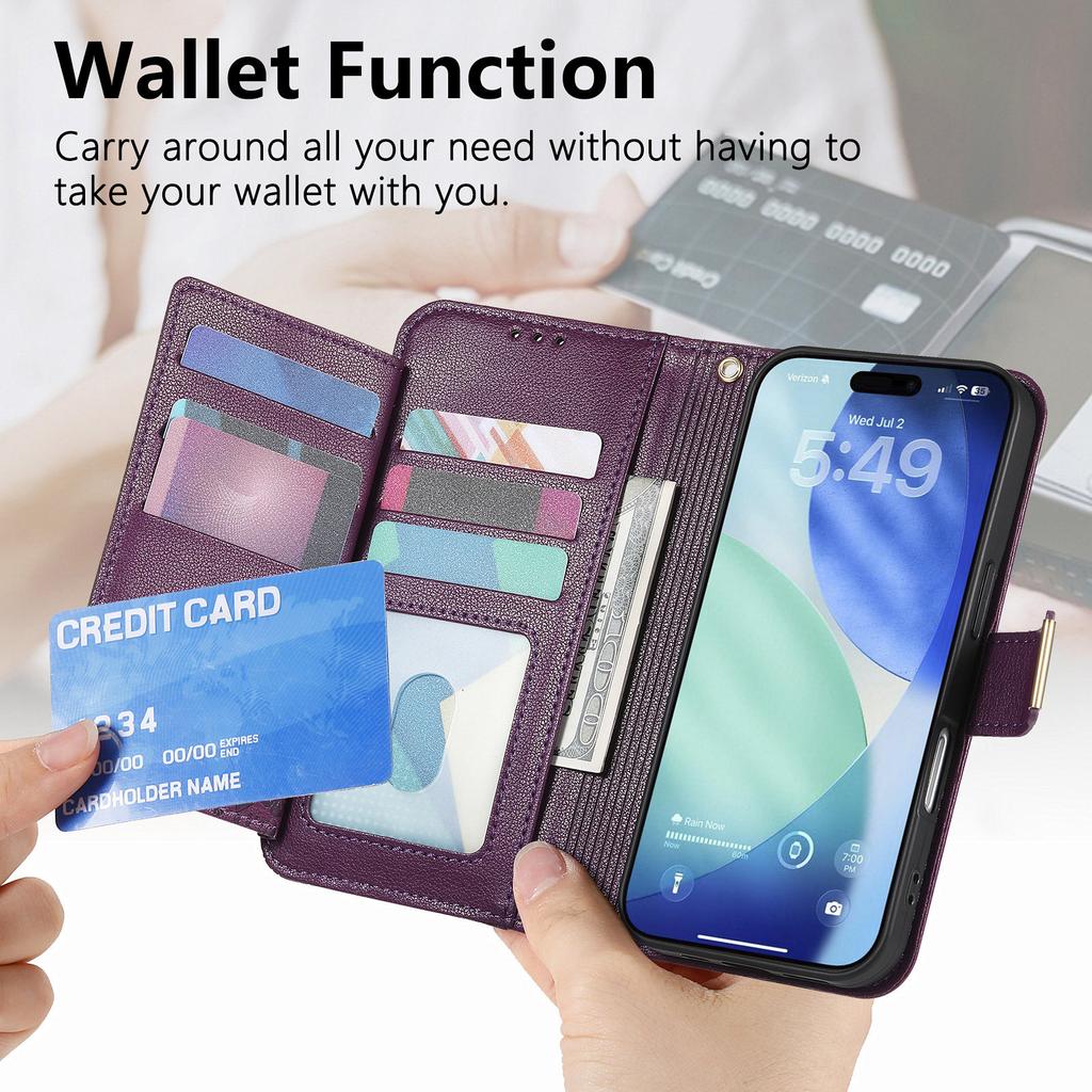 For iPhone 17 Pro Case Floral Leaf Pattern Multi Card Slots Zipper Leather Phone Cover with Wrist Strap