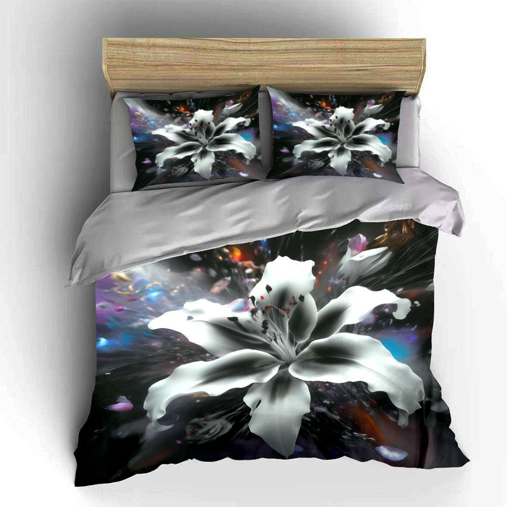 Abstract White Lily Flower Bedding Set 3pcs, Black Background Floral Art Duvet Cover Set, Aesthetic Soft Bed Linen for Bedroom