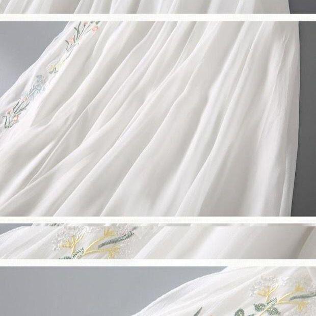 2024 Summer Women's Fairy Hanfu Dress with Embroidery and Frog Buttons - Retro Chiffon Midi Skirt.