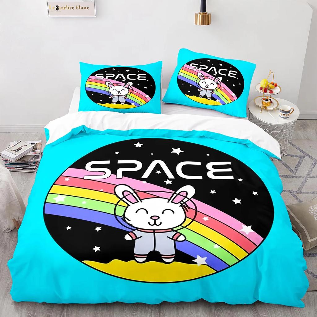 Rabbit Rainbow King Queen Duvet Cover Cartoon Animals For Children Boys Girls Easter Green Polyester Quilt Cover Bedroom Decor