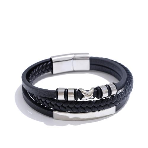 

Yhpup Fashion Black Leather Layered Men Bracelet Bangle Stainless Steel Arrivals Popular Jewelry Accessories Waterproof