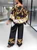 Baroque Print Batwing Sleeve Top & Elastic Waist Pants Set