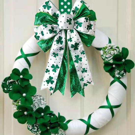 St. Patrick's Day Bow Large White Green Glitter Shamrock Bow Irish Holiday Decor Ribbon Bow Knot for Wreath Tree Topper Front Door