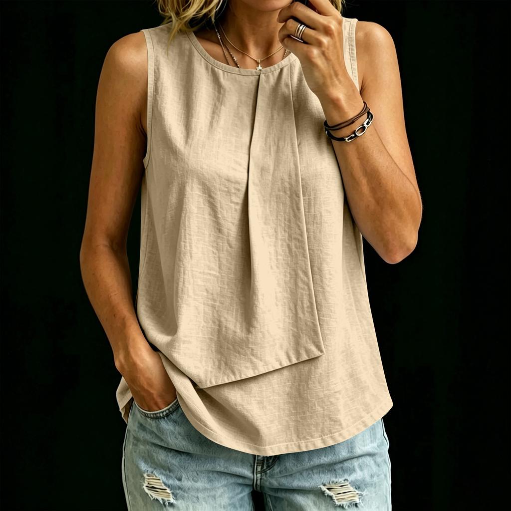 Women's Summer Sleeveless Top Round Neck Solid Color Casual Loose Fit Lightweight Blouse for Outdoor Indoor Wear