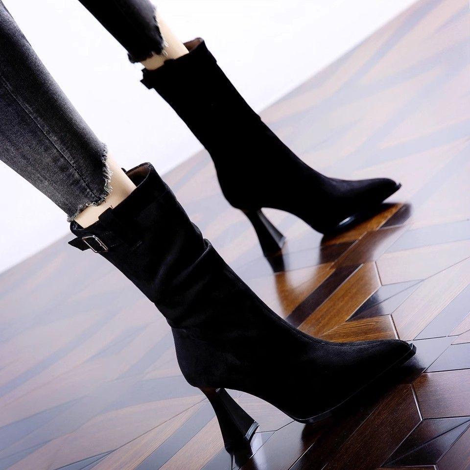 

Европейские и американские остроносые ботильоны на высоком каблуке для женской коллекции осень-зима 2025, новые полусапоги, взрывная пряжка на ремне, эластичный толстый каблук, я 42