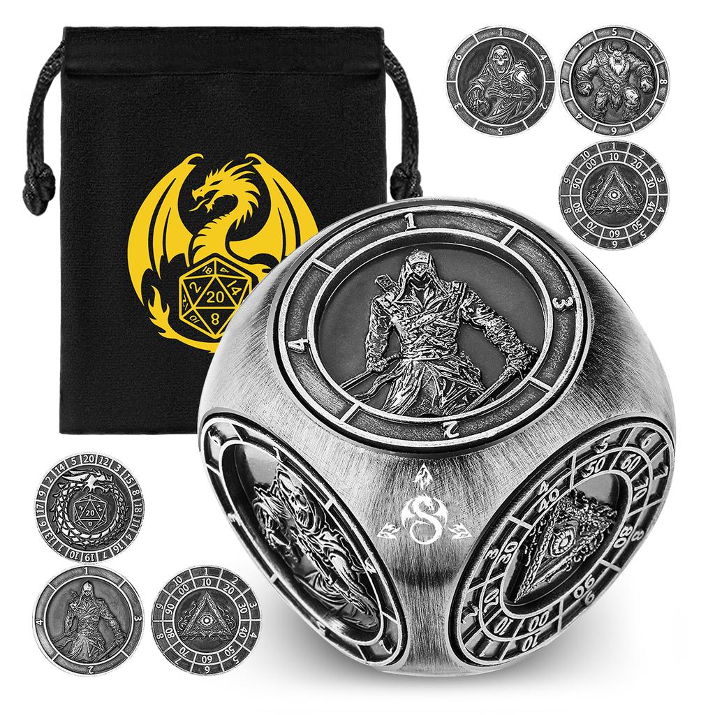 Partygeschenk Sechs-in-Eins Metall Drehende Würfel RPG Rollenspiel mit Sechs Verschiedenen Mustern Drehbarer Würfel D4/D6/D8/D10/D12/D20