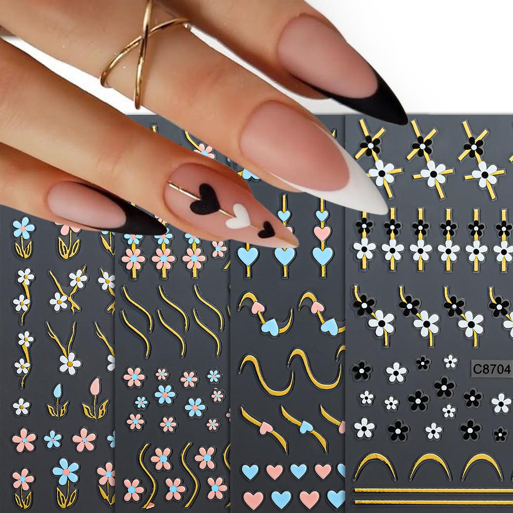 1pc Bronzing Flower Nail Art Stickers Metal Golden Wave Lines Floral Decals Self-Adhesive Geometry Sliders Manicure Decoration
