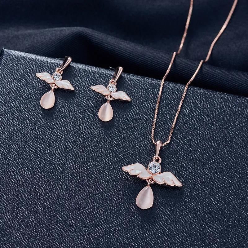 

3pcs/set Necklace Shiny Rhinestone Waterdrop Pendant Hook Earrings Wings Necklace Fashion Jewelry Pink Girls Women Gift A