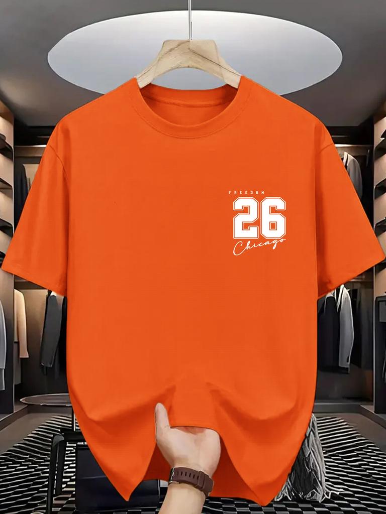 Unisex Cotton Tee Chest 26 Chicago Letter Number Graphic Print Loose Breathable Summer Crew Neck Casual T Shirt Unisex Daily Wear
