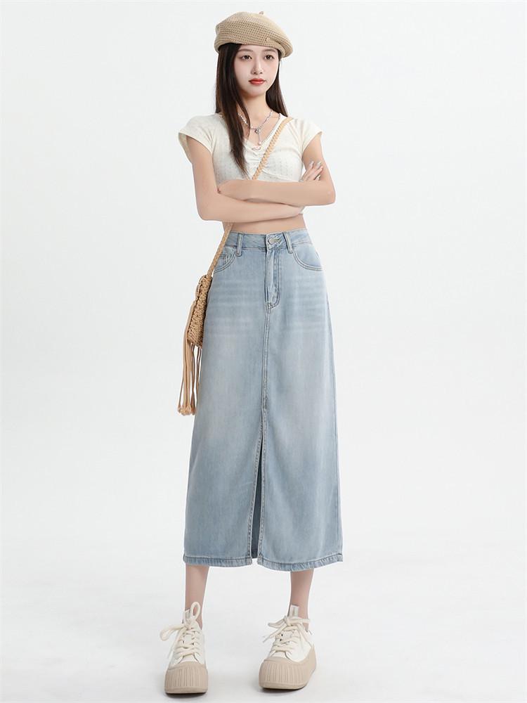 Women s High-Waist Blue Lyocell Denim Skirt, Summer 2026, Mid-Length A-Line with Front Slit Small