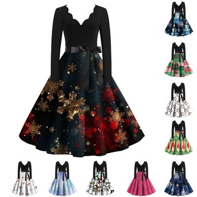 Women's Casual Fashion V-neck Long Sleeved Retro Christmas Print Retro Dress Autumn