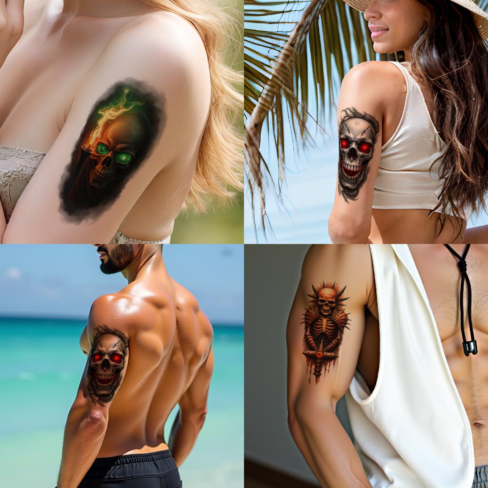 3pcs Temporary Tattoo Colorful Realism Roses And Butterfly Skull Butterfly Head Skull Star Marked Skull For Arms Thighs Men