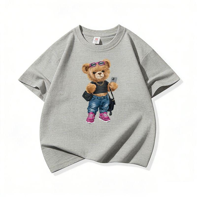 Trendy Girl Bear With Sunglasses Graphic Tee Kids 100 Cotton Crew Neck Casual T Shirt Short Sleeve Muticolor Top For Girls Boys