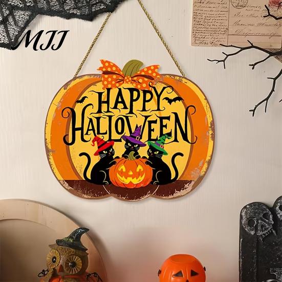 Outdoor Door Hanger Happy Halloween Sign, Spooky Wooden Pumpkin Front Waterproof Sign for Farmhouse Porch Wall Hanging Decor Wreath Alternative