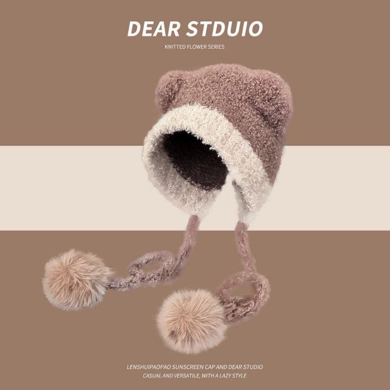 Cute color matching teddy velvet bear ears straps women's winter warm ear protectors knitted wool hat