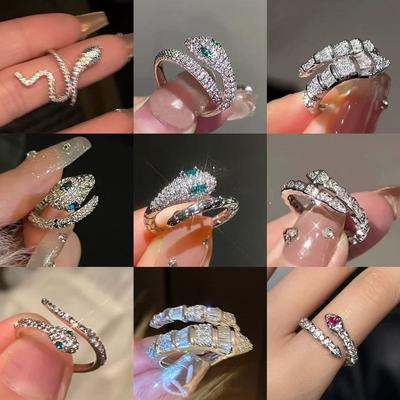 Light Luxury Zircon Flash Diamond Spirit Snake Ring Silver Open Ring High-end Texture Simple and Versatile Trendy Cool Jewelry Women