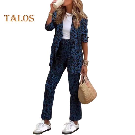 2 Pcs/Set Lady Formal Coat Pants Set Long Sleeves Leopard Print Lapel Cardigan Mid Length Jacket Straight High Waist Trousers Formal Business