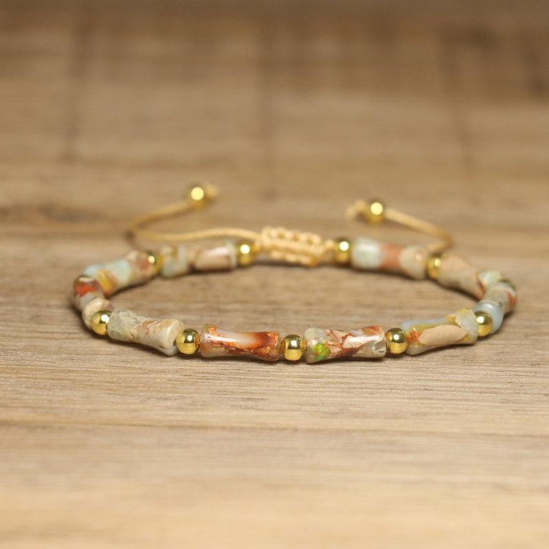 Bracciale con Perle di Bambù in Avventurina Verde – Accento Dorato Regolabile Gioiello Delicato, Regalo Fortuna Prosperità per Donne