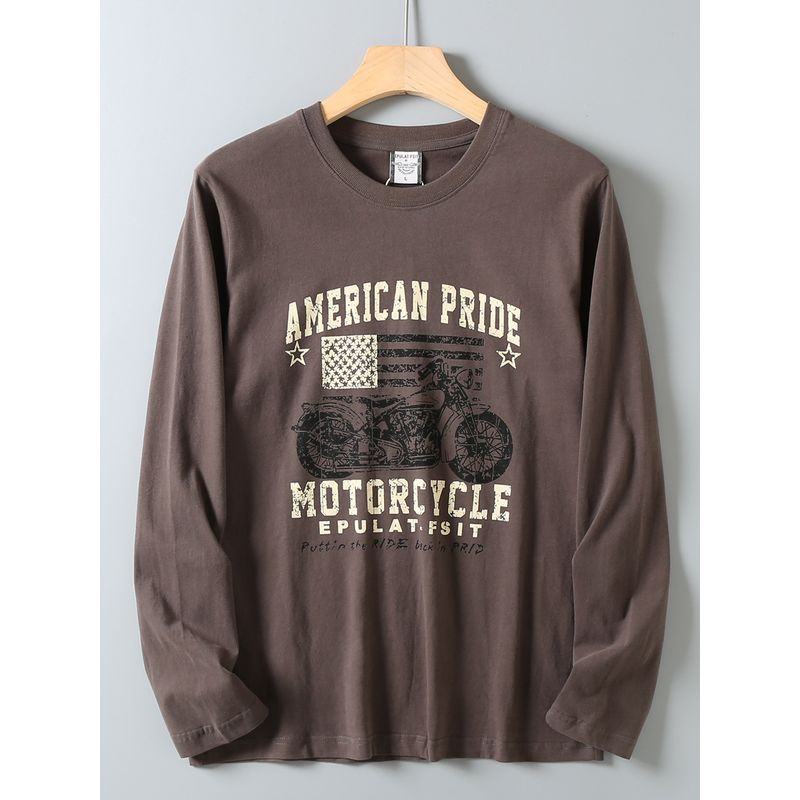 Original Foreign Trade Autumn and Winter Casual American Retro Print Simple Washed Loose Round Neck Long Sleeve T-Shirt Base Shirt for Men