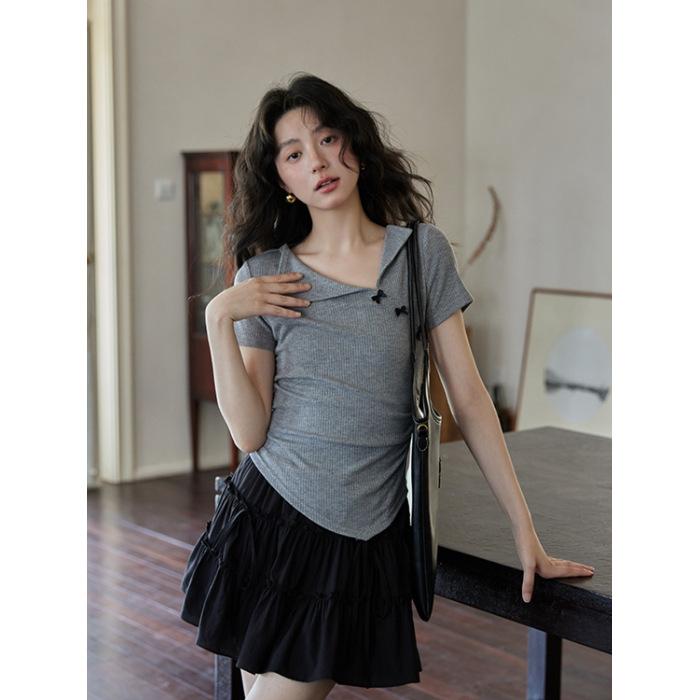

French Pit Strips G Grey Lapel Shoulder Short Sleeve T-Shirt Women s Summer Irregular S