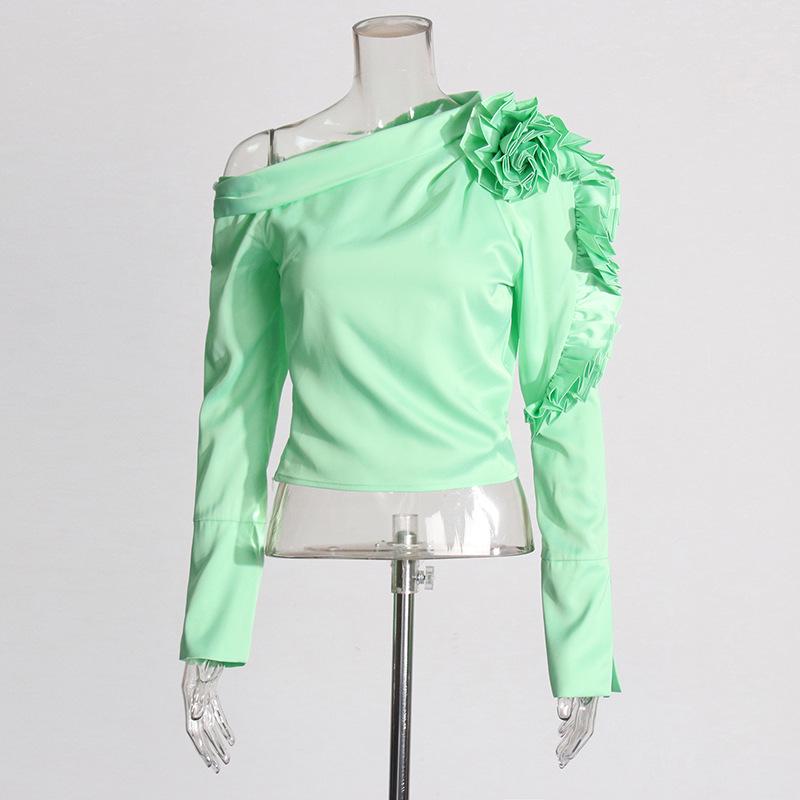 Elegant French Waist-Cinched Floral One-Shoulder Long-Sleeve Top for Spring 2026