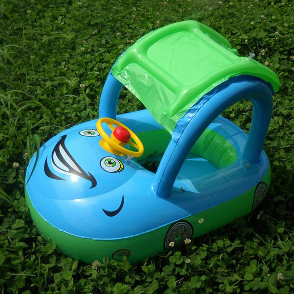 Inflatable Car Shape Float Baby Ride Raft Pool Toys with Sunshade Outdoor Water Play Swimming Ring Lounger Comfortable