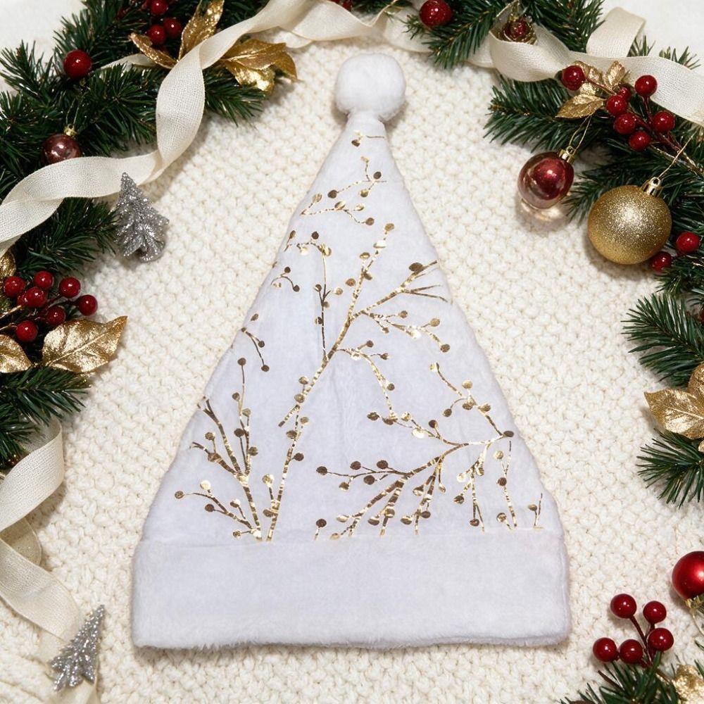 Gold/Silver Foil Snowflakes/Stars White Plush Christmas Hat Fuzzy Brim Glitter Christmas Decorative Cap Warm Soft Santa Hat