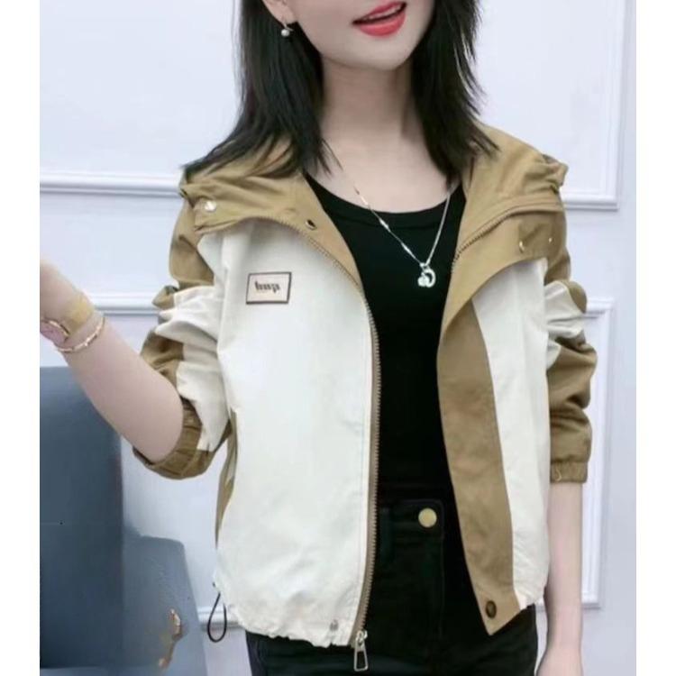 Women Color Splice Windbreaker Jacket Short Hooded Coat Casual Outdoor Sportswear