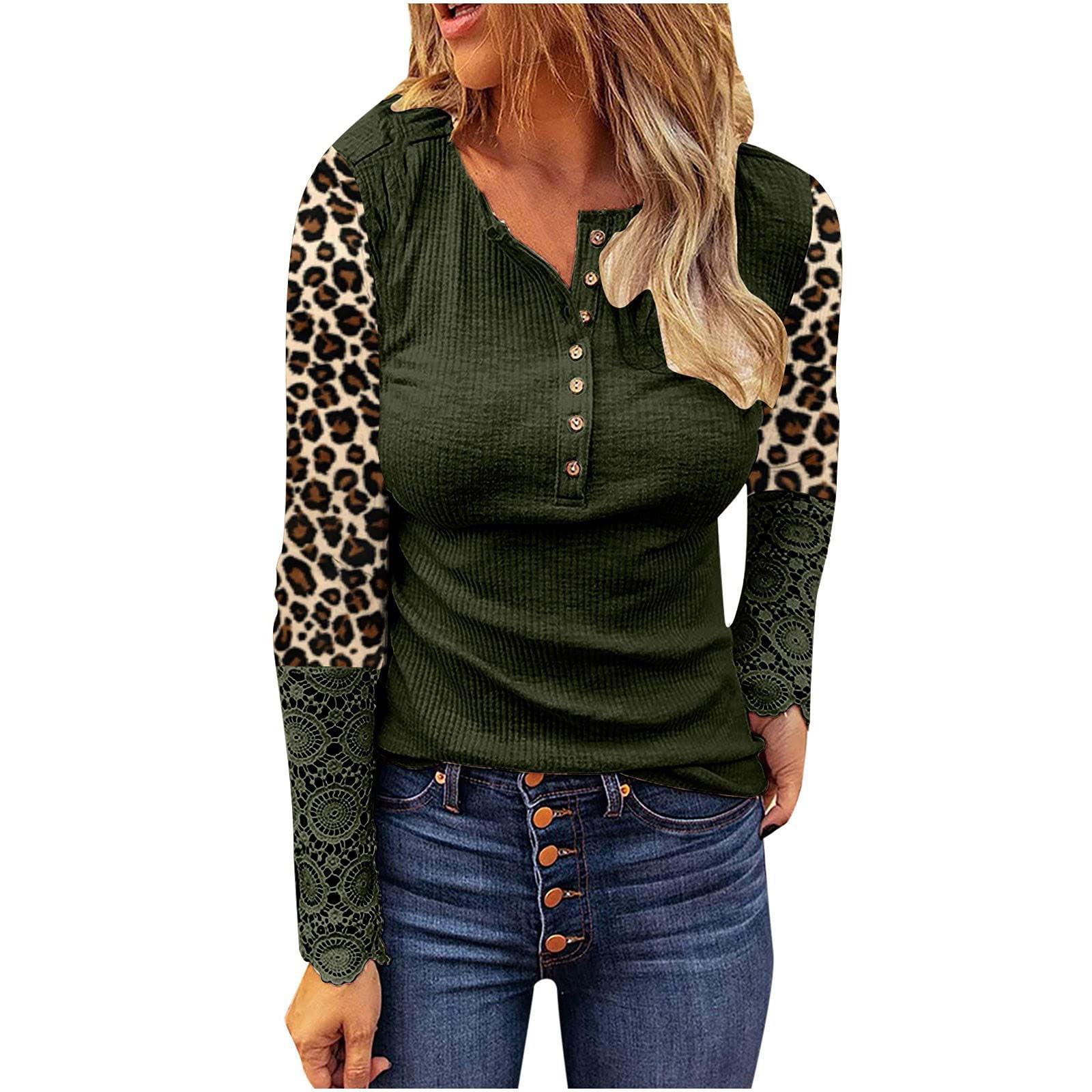 Women s Long Sleeve Casual Top Henley Button Down Shirt Contrast Sleeve Patterned Sleeve Detail Comfortable Fit L